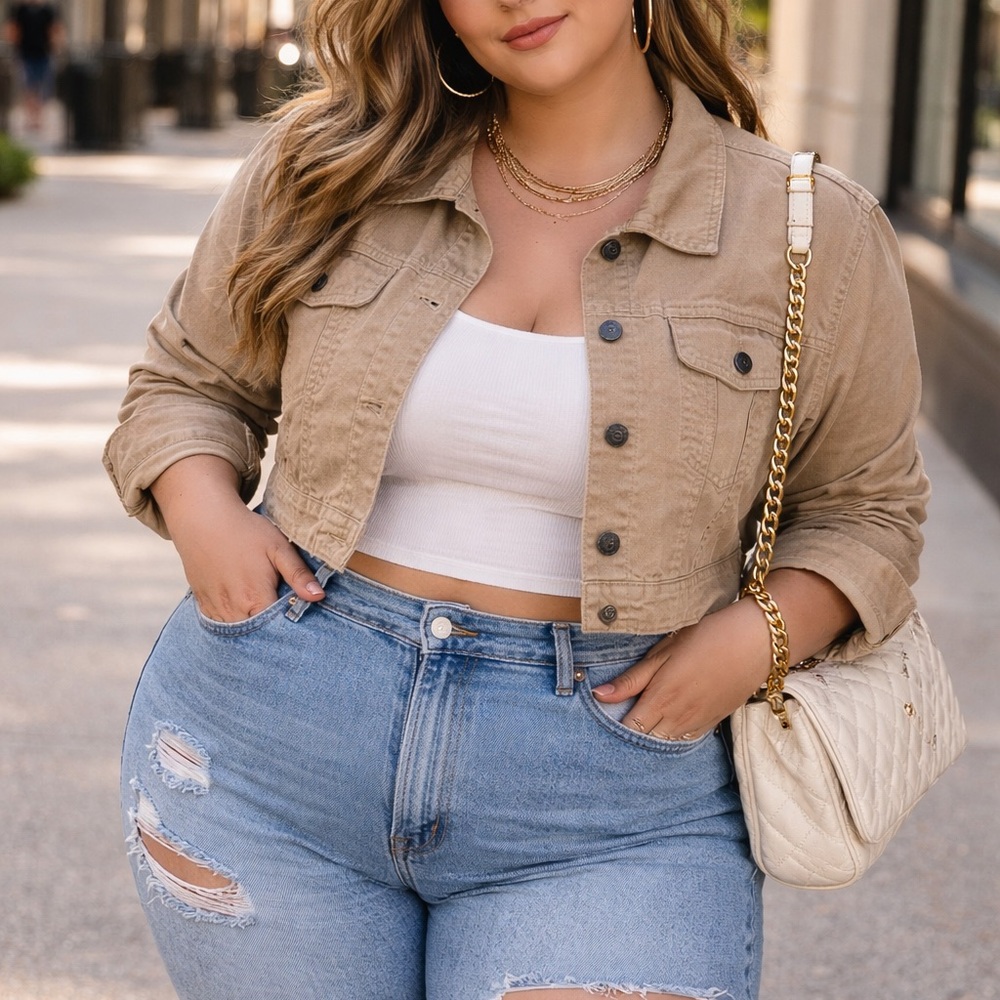 Ashley Stewart Tan Cropped Twill Jean Jacket Utility Wide Cuff Classic Clean 2X